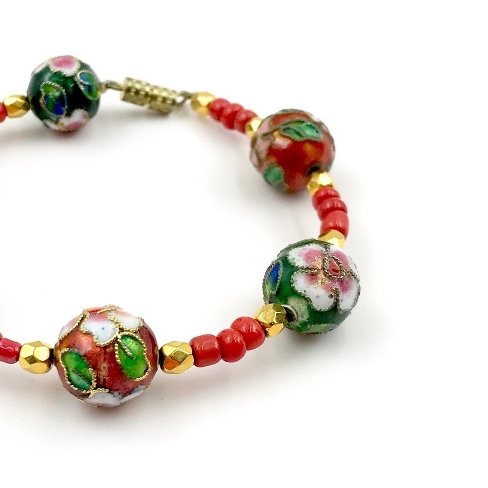 Cloisonné Gold Tone Red Beaded Bracelet​​
